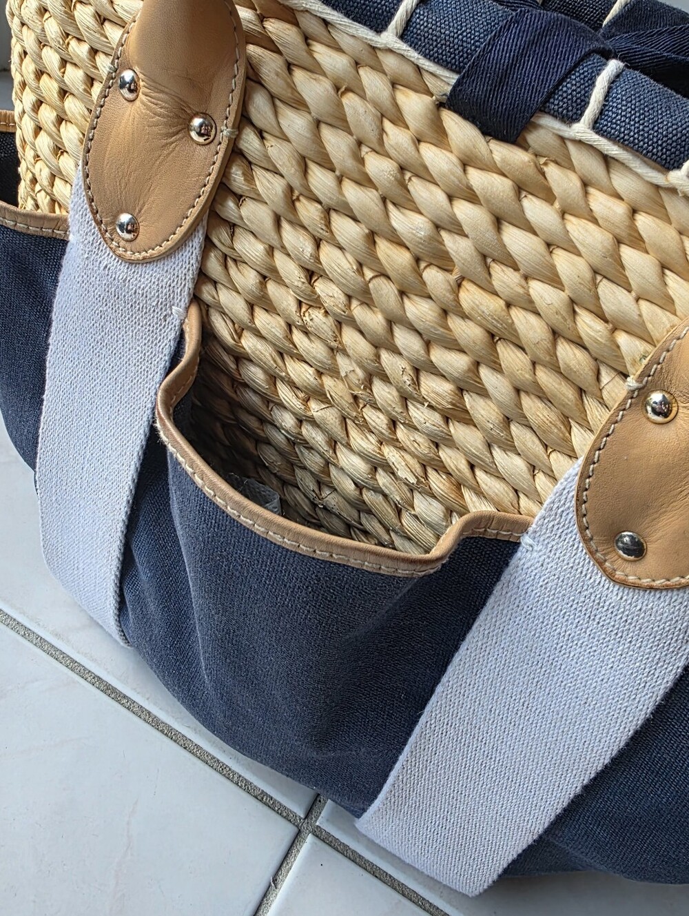 Lauren Ralph Lauren Straw Basket Tote Navy Canvas Leather Trim Coastal Beach Bag - Picture 6 of 14